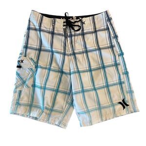 Hurley Mens Board Shorts Plaid Classic White Blue Double LaceTie Size 32